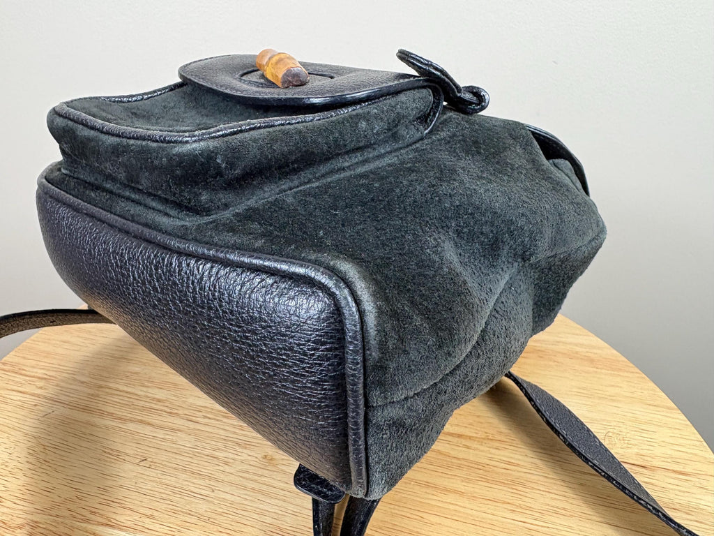 Authentic Gucci Black Suede Bamboo Handle Backpack