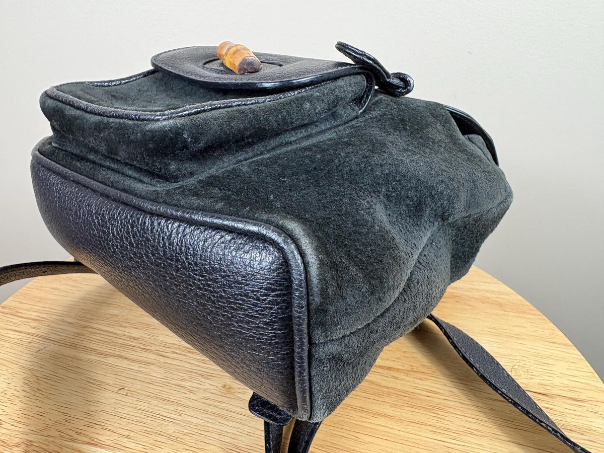 Authentic Gucci Black Suede Bamboo Handle Backpack