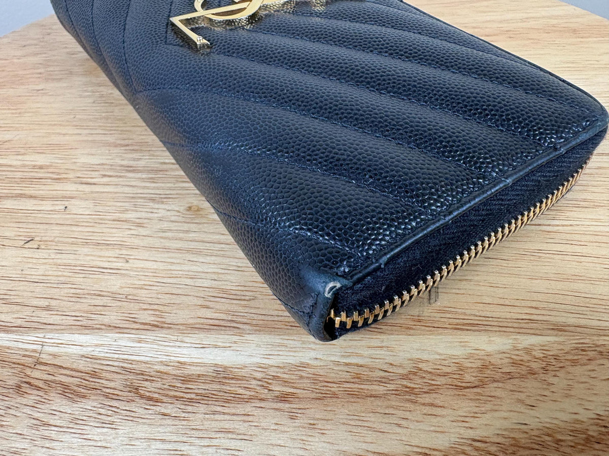 Authentic Saint Laurent YSL Black Leather Zippy Wallet w/ Gold Hardware