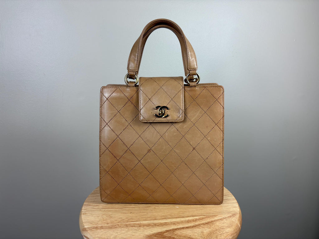 Authentic Chanel Vintage Matelasse Brown Lambskin Double Stitch Top Handle Bag w/ COA
