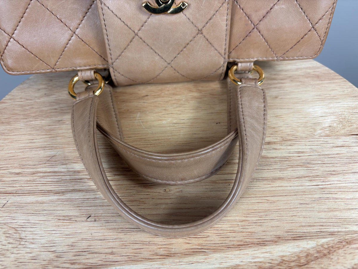 Authentic Chanel Vintage Matelasse Brown Lambskin Double Stitch Top Handle Bag w/ COA