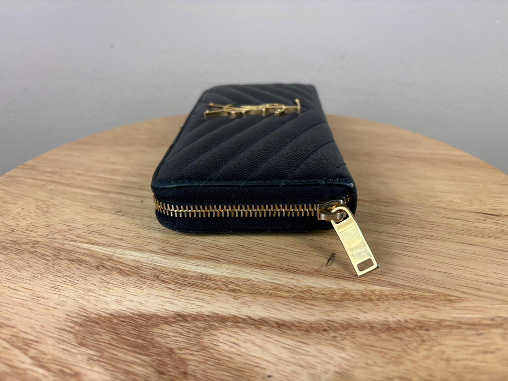 Authentic Saint Laurent YSL Black Leather Zippy Wallet w/ Gold Hardware