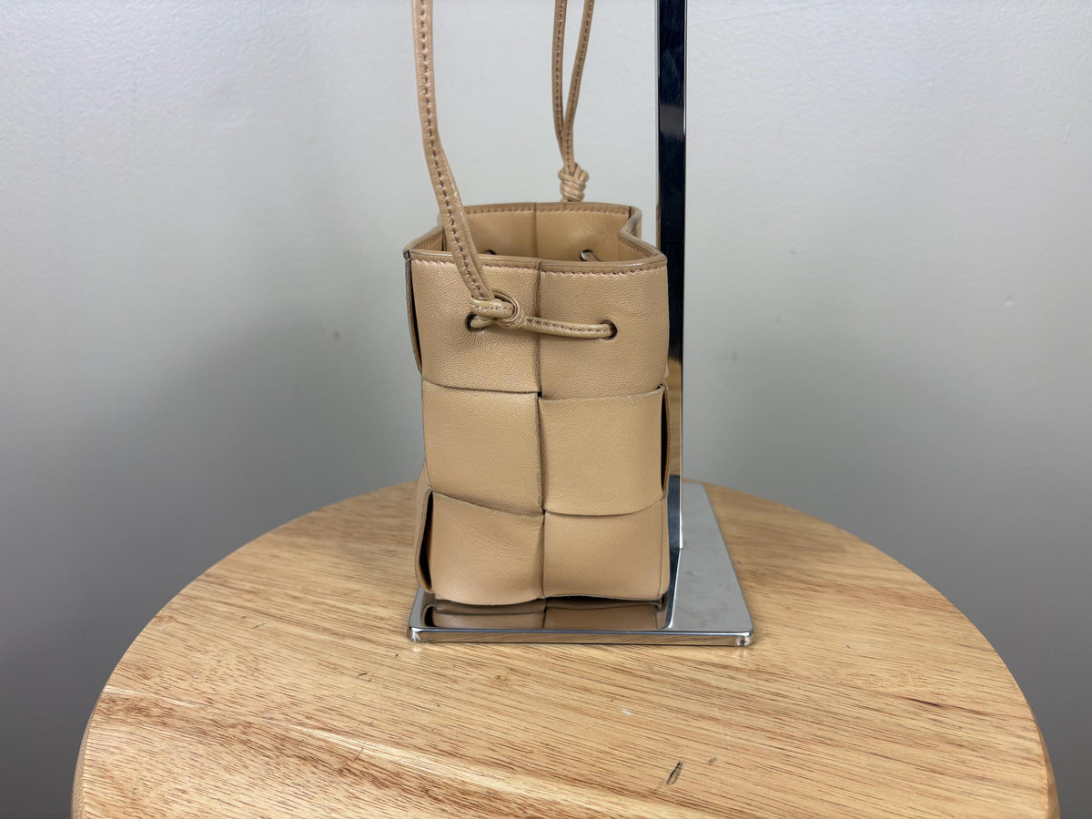 Authentic Bottega Veneta Beige Mini Cassette Bucket Leather Crossbody Bag