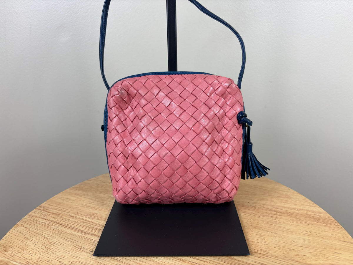 Authentic Bottega Veneta Blue and Pink Nodini Nappa Red Leather Crossbody Bag