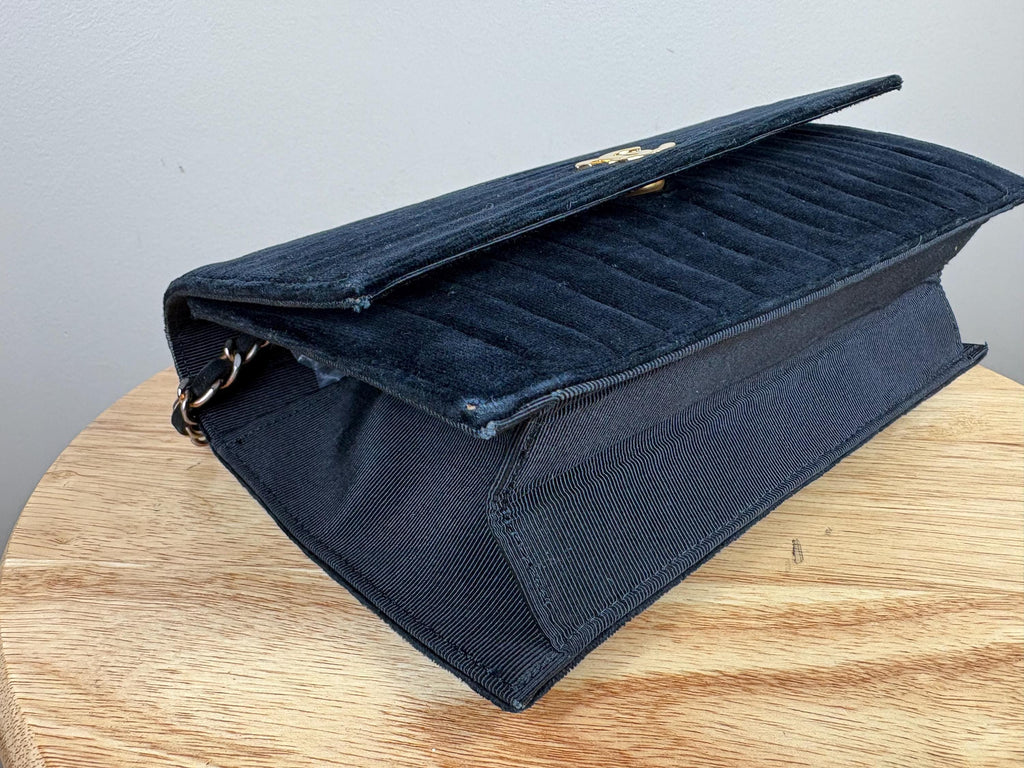 Authentic Chanel Vintage Mademoiselle Velvet Stripe Black Shoulder Bag