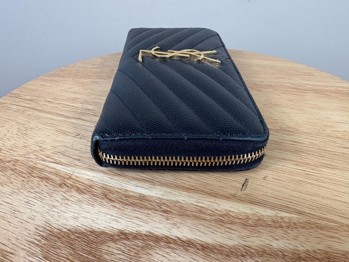 Authentic Saint Laurent YSL Black Leather Zippy Wallet w/ Gold Hardware