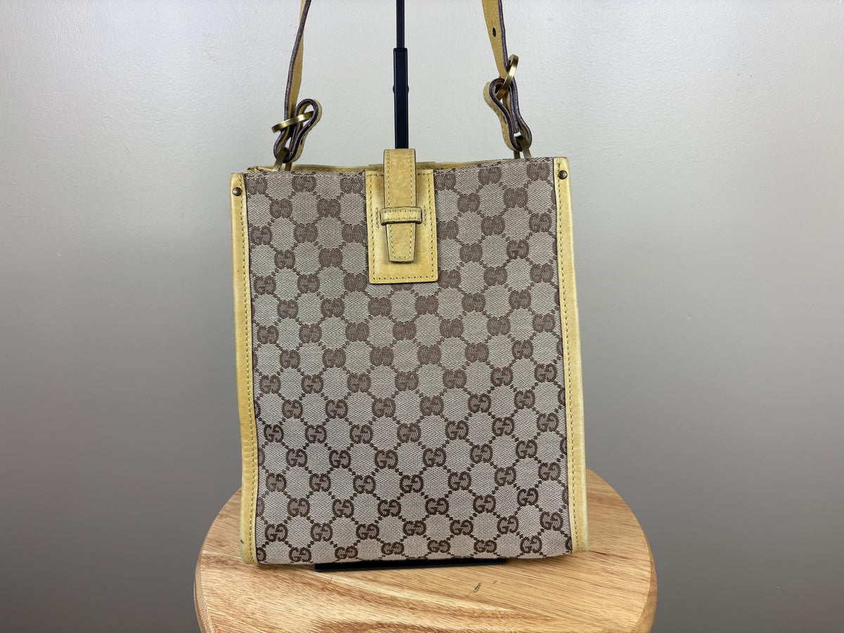 Authentic Gucci GG Cloth and Yellow Leather Shoulder Tote