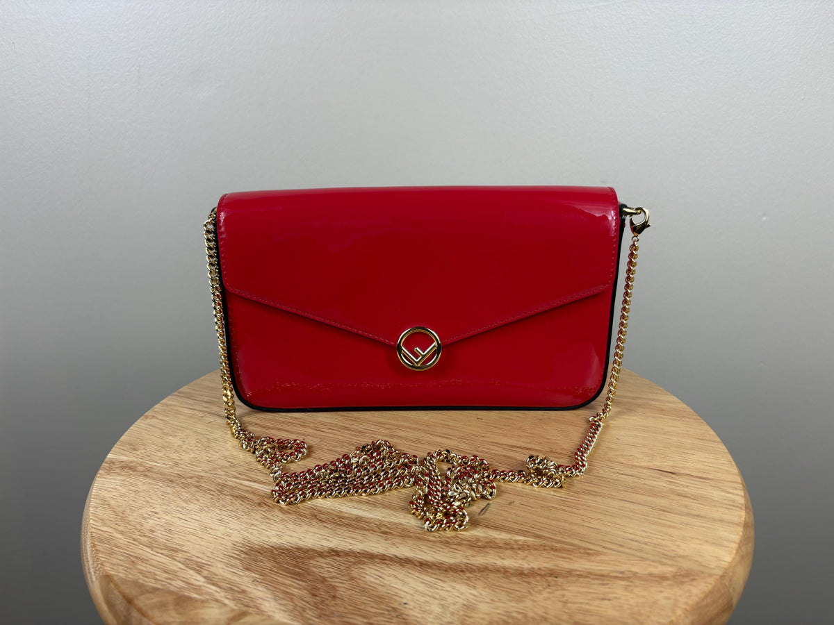 Authentic Fendi Vitello Cruise Red Patent Leather Wallet on Chain