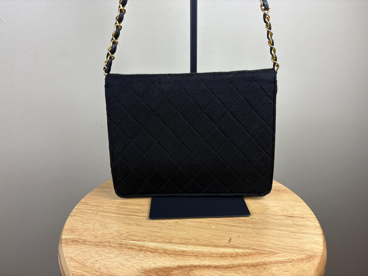 Authentic Chanel Vintage Quilted Diamond Jersey Single Flap Black Shoulder Bag w/ Gold Hardware