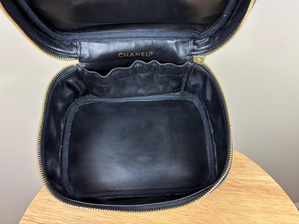 Authentic Chanel Vintage Quilted CC Black Leather Cosmetic Pouch
