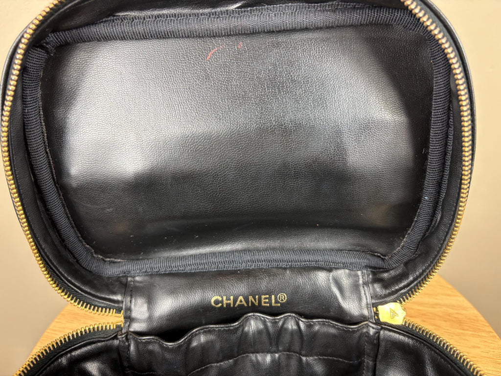 Authentic Chanel Vintage Quilted CC Black Leather Cosmetic Pouch