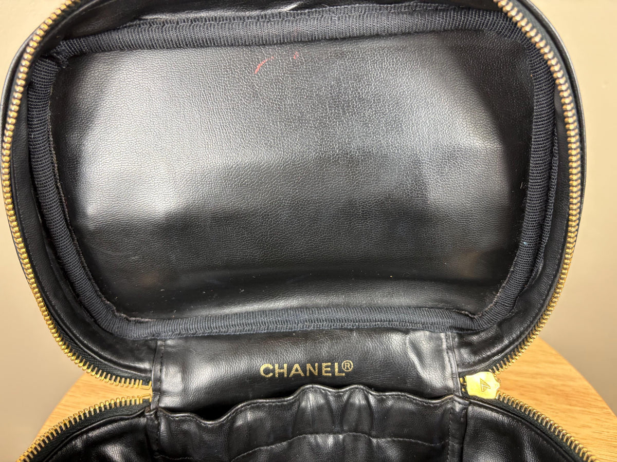 Authentic Chanel Vintage Quilted CC Black Leather Cosmetic Pouch