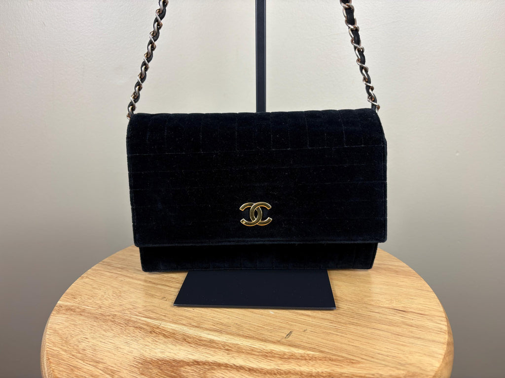 Authentic Chanel Vintage Mademoiselle Velvet Stripe Black Shoulder Bag