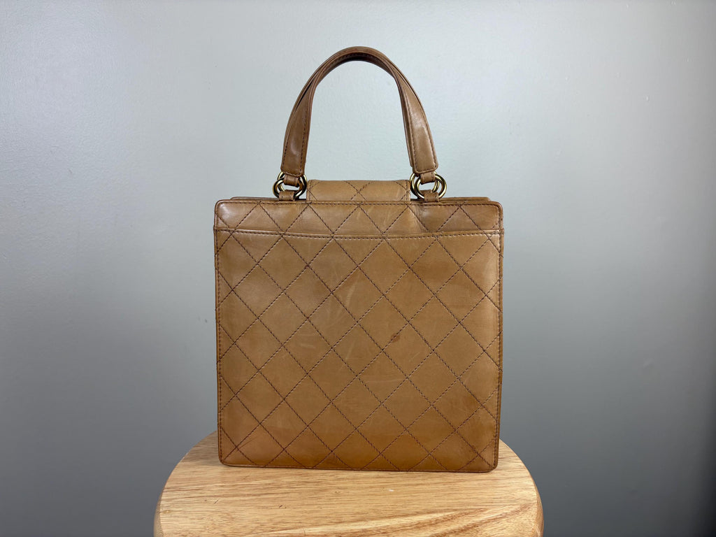 Authentic Chanel Vintage Matelasse Brown Lambskin Double Stitch Top Handle Bag w/ COA
