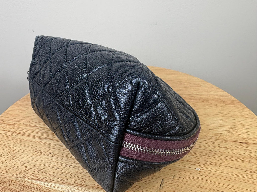 Authentic Chanel Vintage Matrasse CC Black Caviar Leather Cosmetic Pouch