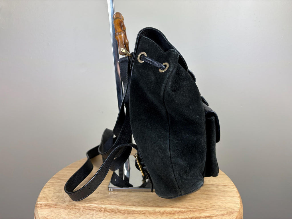 Authentic Gucci Black Suede Bamboo Handle Backpack