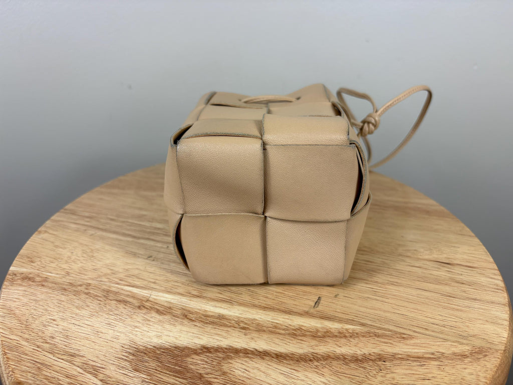 Authentic Bottega Veneta Beige Mini Cassette Bucket Leather Crossbody Bag