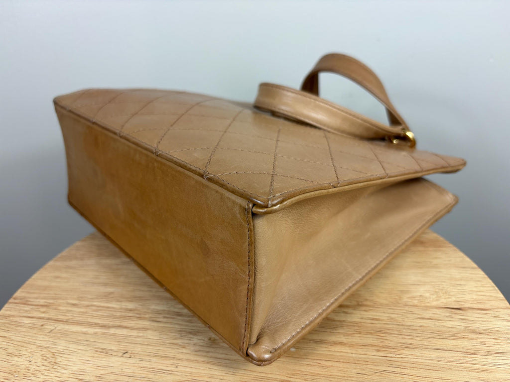Authentic Chanel Vintage Matelasse Brown Lambskin Double Stitch Top Handle Bag w/ COA
