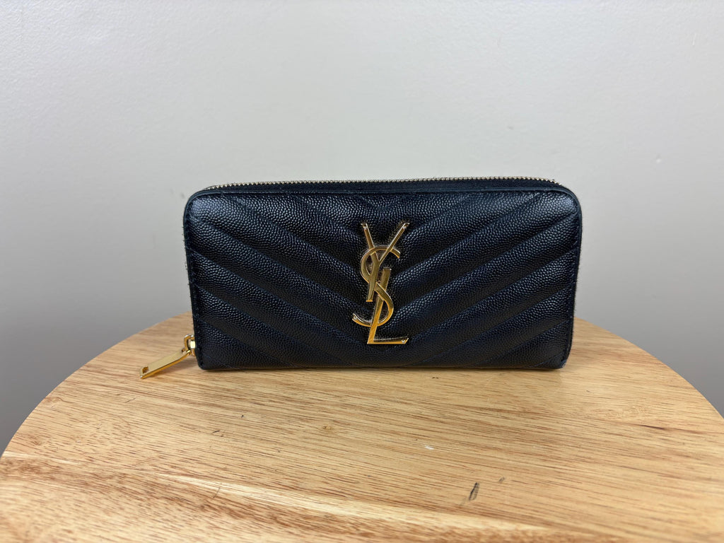 Authentic Saint Laurent YSL Black Leather Zippy Wallet w/ Gold Hardware
