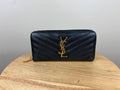 Authentic Saint Laurent YSL Black Leather Zippy Wallet w/ Gold Hardware