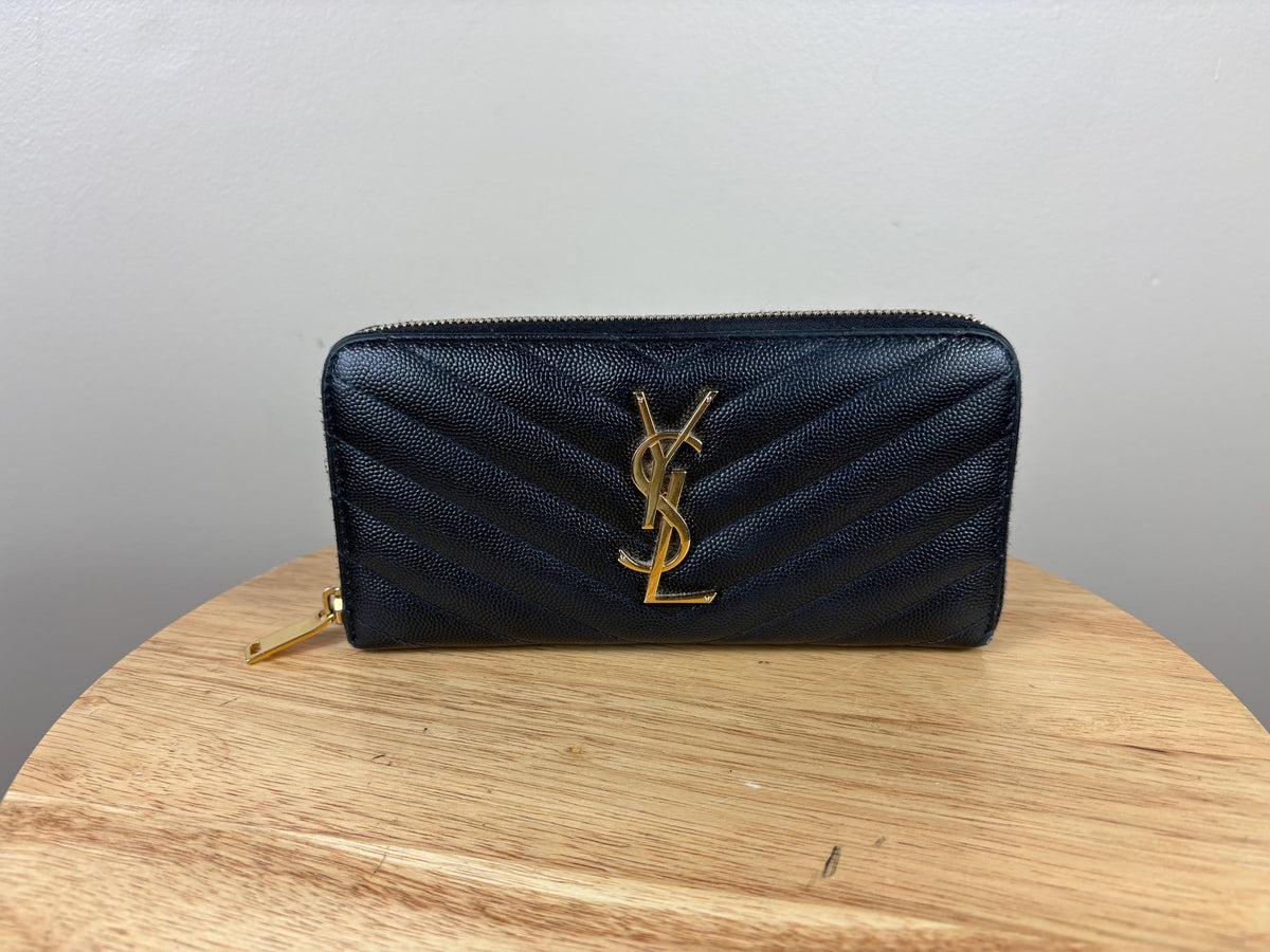 Authentic Saint Laurent YSL Black Leather Zippy Wallet w/ Gold Hardware