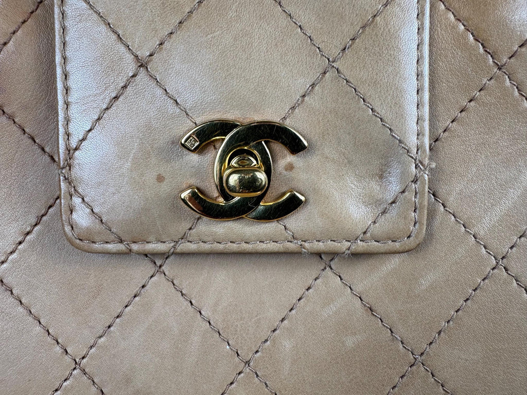 Authentic Chanel Vintage Matelasse Brown Lambskin Double Stitch Top Handle Bag w/ COA