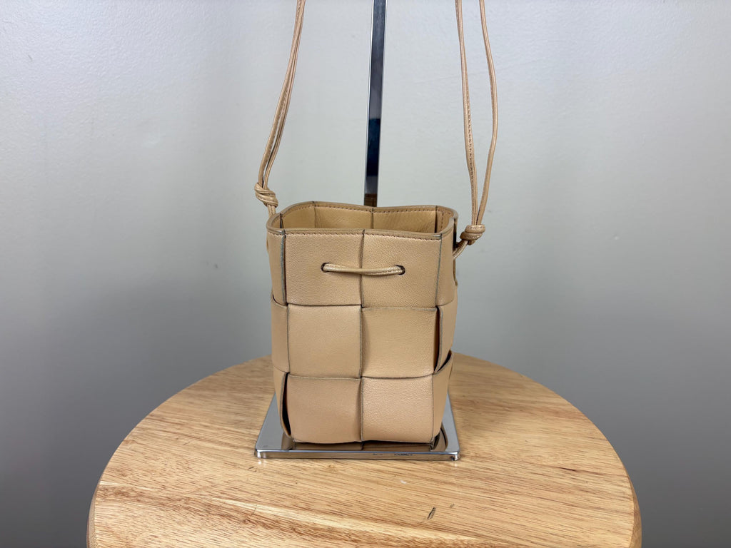 Authentic Bottega Veneta Beige Mini Cassette Bucket Leather Crossbody Bag
