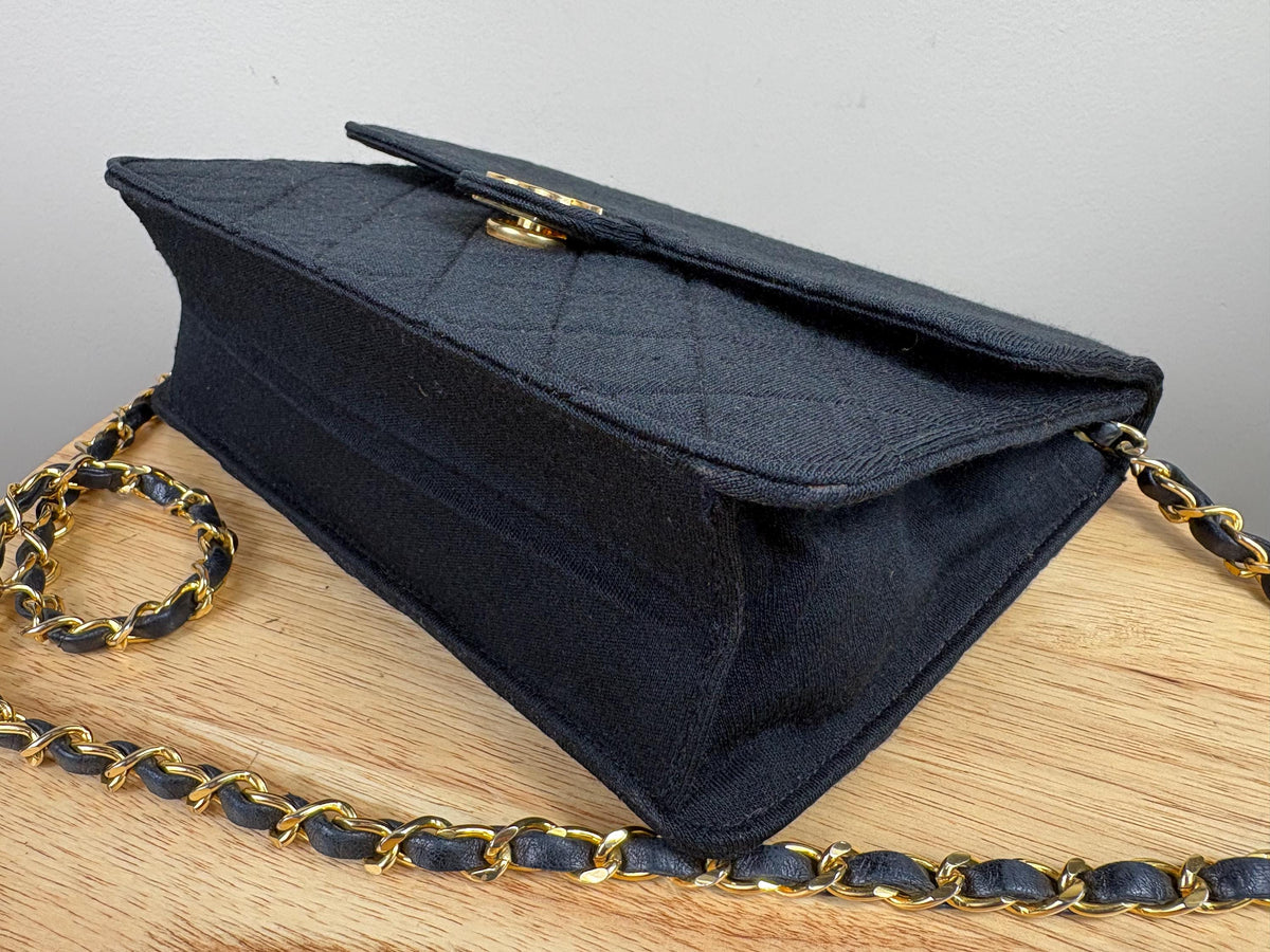 Authentic Chanel Vintage Quilted Diamond Jersey Single Flap Black Shoulder Bag w/ Gold Hardware