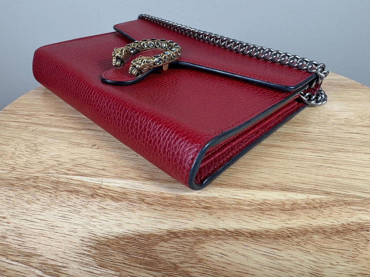 Authentic Gucci Calfskin Mini Dionysus Chain Wallet Red
