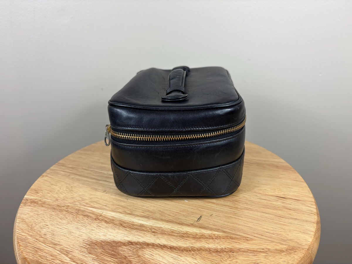 Authentic Chanel Vintage Quilted CC Black Leather Cosmetic Pouch