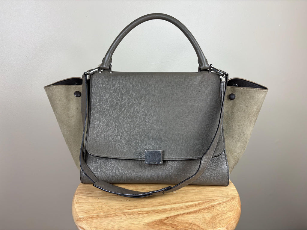 Authentic Celine Trapeze Leather Gray 2-Way Handbag Luggage