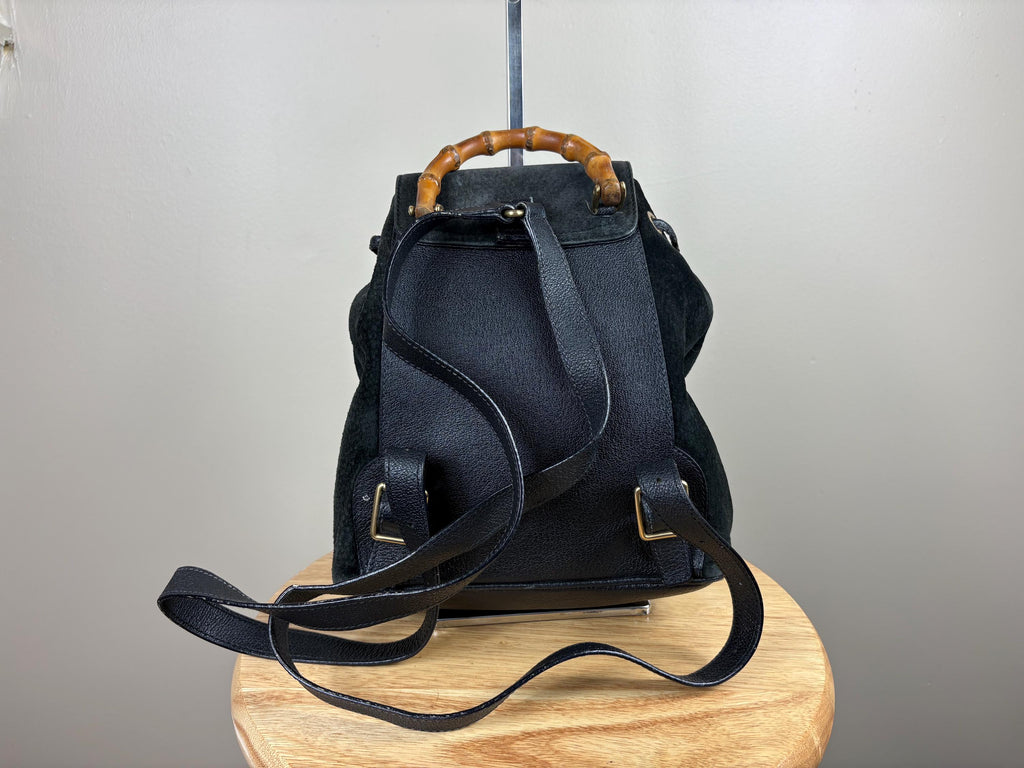 Authentic Gucci Black Suede Bamboo Handle Backpack