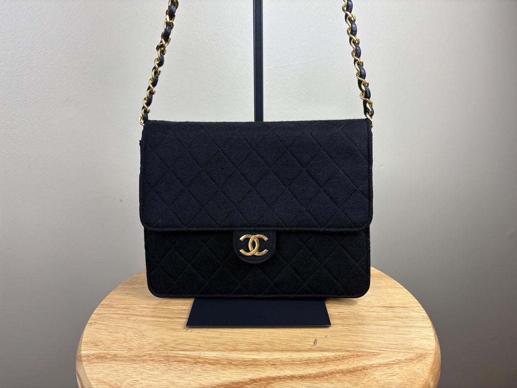 Authentic Chanel Vintage Quilted Diamond Jersey Single Flap Black Shoulder Bag w/ Gold Hardware