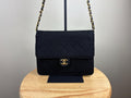 Authentic Chanel Vintage Quilted Diamond Jersey Single Flap Black Shoulder Bag w/ Gold Hardware