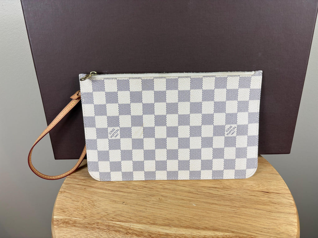 Authentic Louis Vuitton Neverfull MM Pouch Wristlet Damier Azur Bag with Box