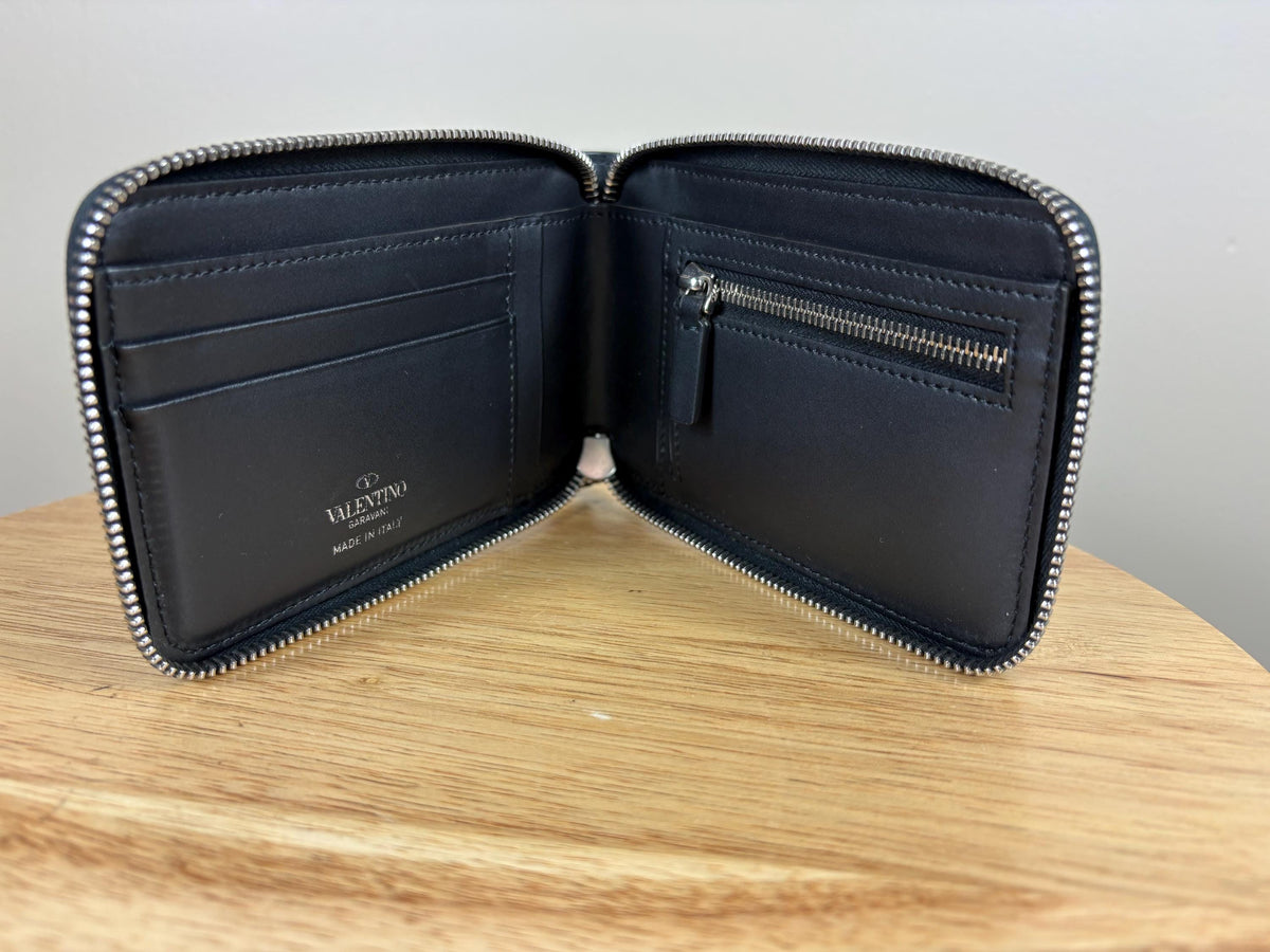 Authentic Valentino Black Leather Bifold Wallet with Strap VLTN