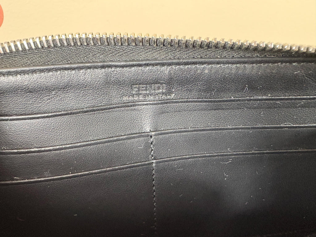 Authentic Fendi Logo Long Zippy Wallet Black Leather