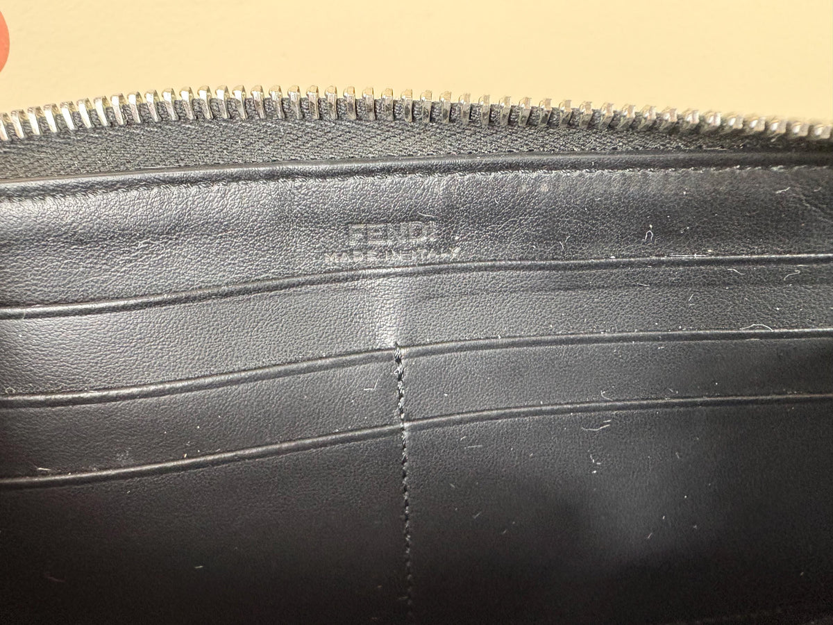 Authentic Fendi Logo Long Zippy Wallet Black Leather