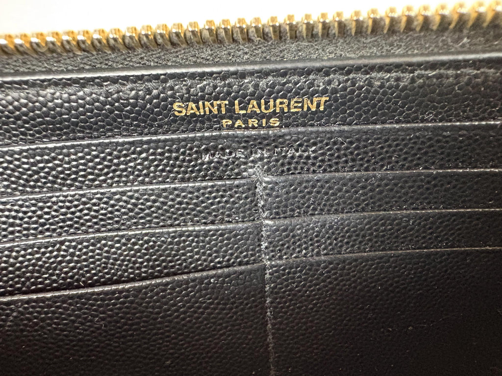 Authentic Saint Laurent YSL Black Leather Zippy Wallet w/ Gold Hardware