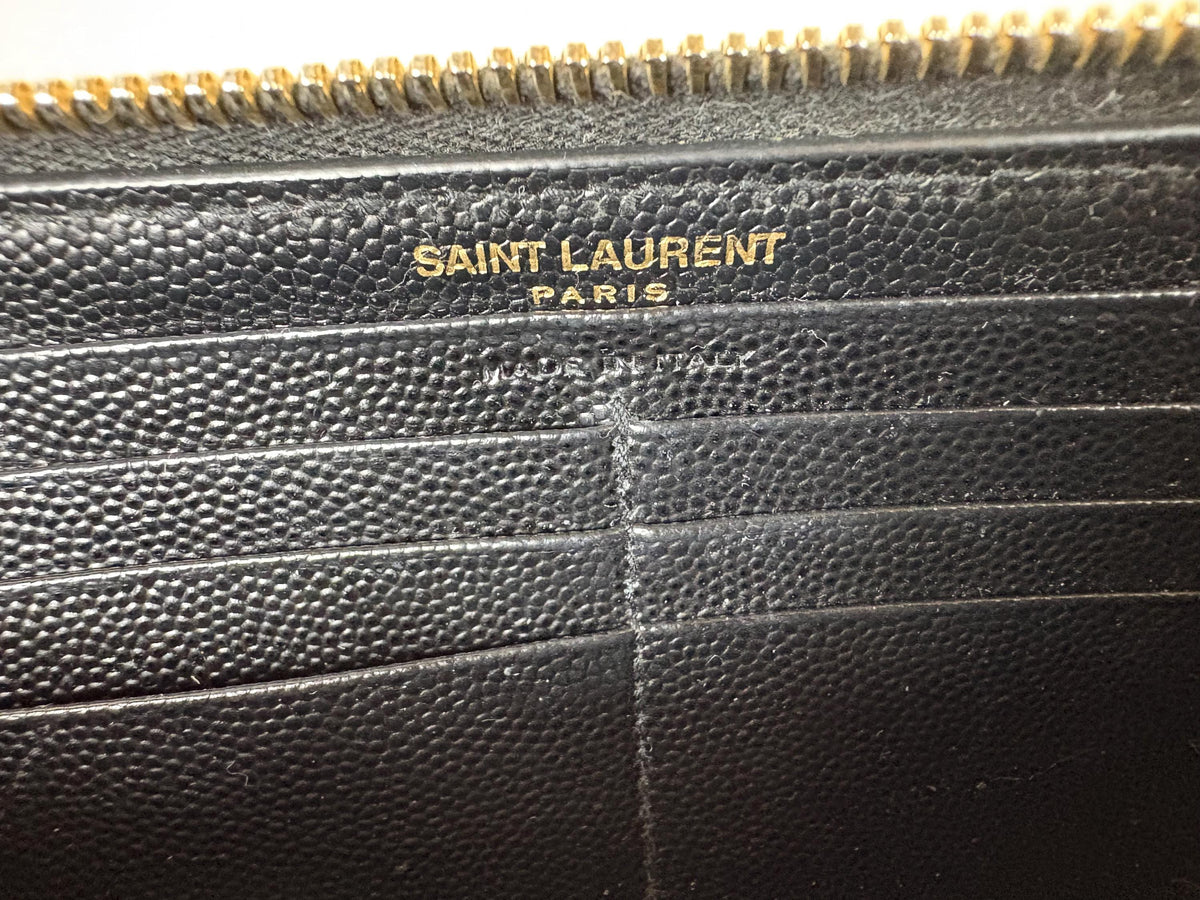 Authentic Saint Laurent YSL Black Leather Zippy Wallet w/ Gold Hardware