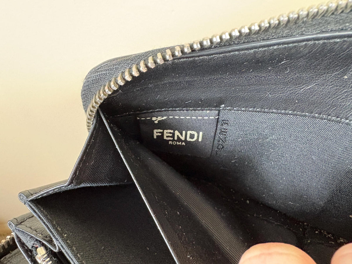 Authentic Fendi Logo Long Zippy Wallet Black Leather