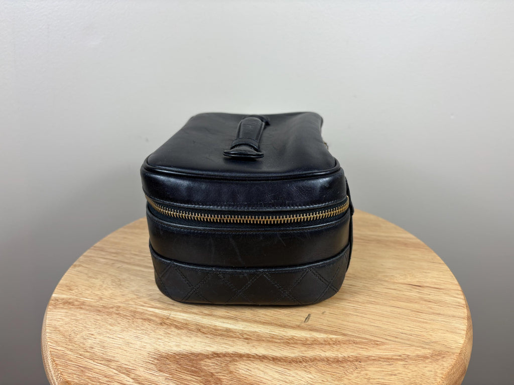 Authentic Chanel Vintage Quilted CC Black Leather Cosmetic Pouch