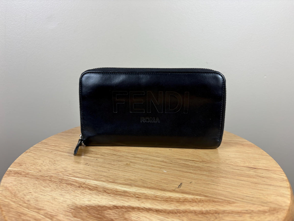 Authentic Fendi Logo Long Zippy Wallet Black Leather