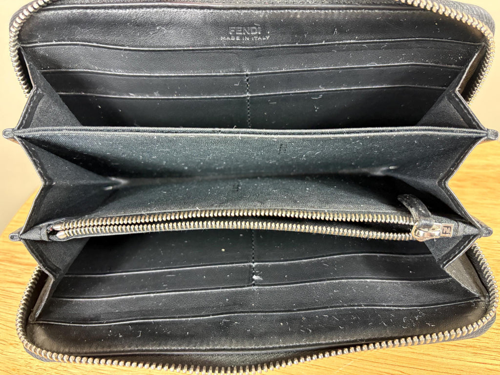 Authentic Fendi Logo Long Zippy Wallet Black Leather