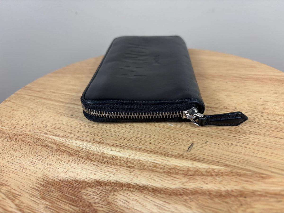 Authentic Fendi Logo Long Zippy Wallet Black Leather