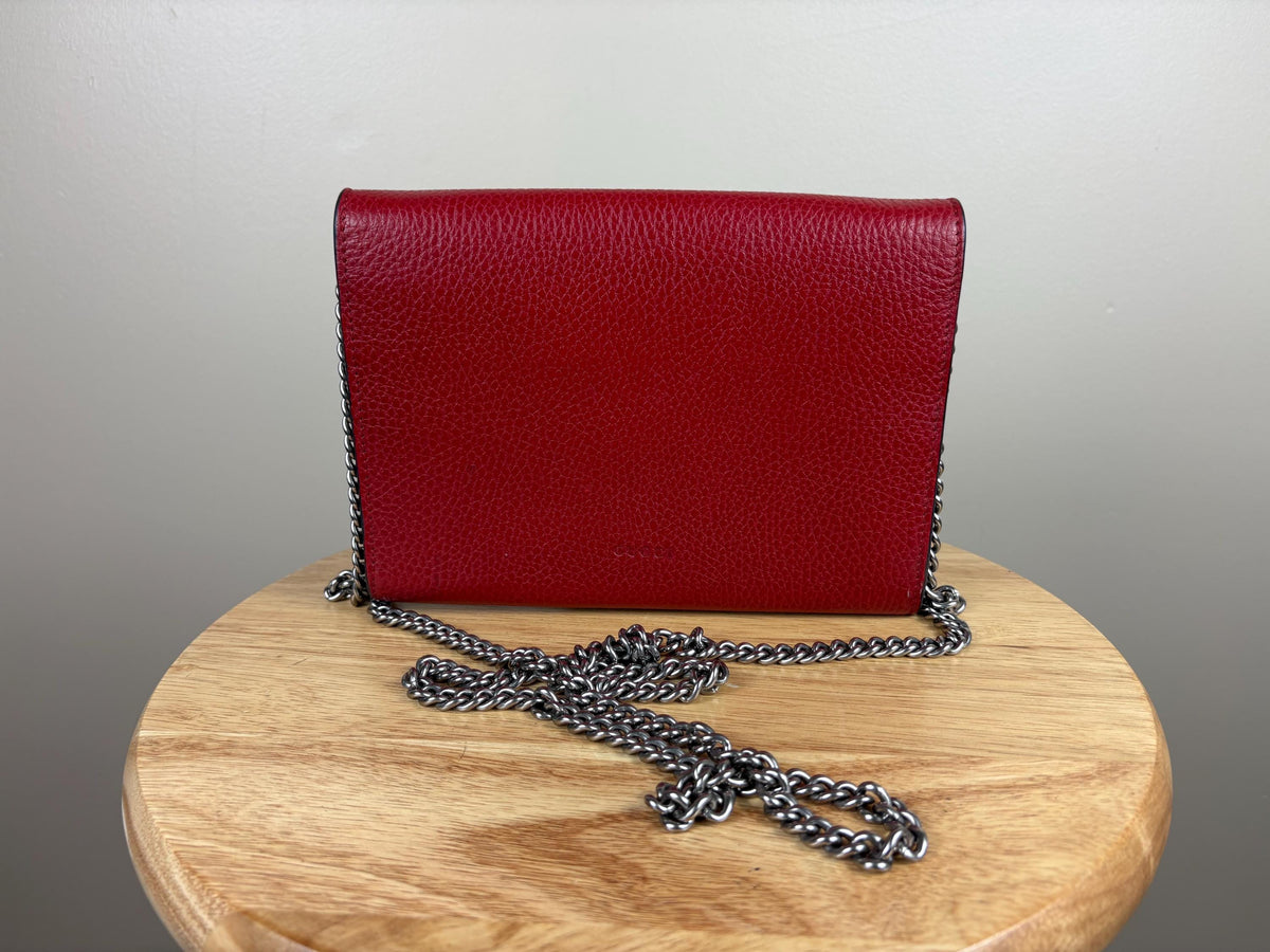 Authentic Gucci Calfskin Mini Dionysus Chain Wallet Red