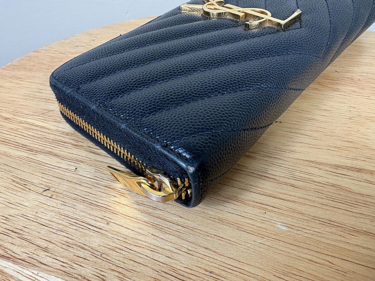 Authentic Saint Laurent YSL Black Leather Zippy Wallet w/ Gold Hardware