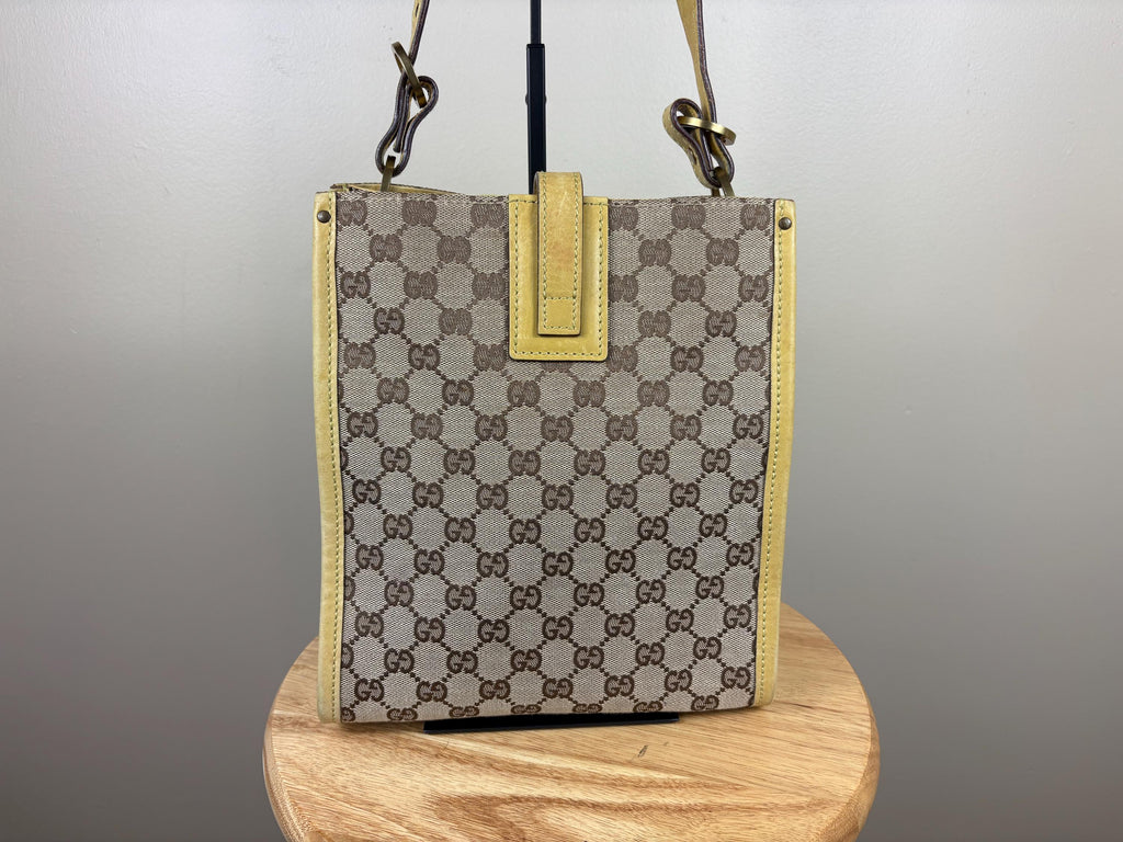 Authentic Gucci GG Cloth and Yellow Leather Shoulder Tote