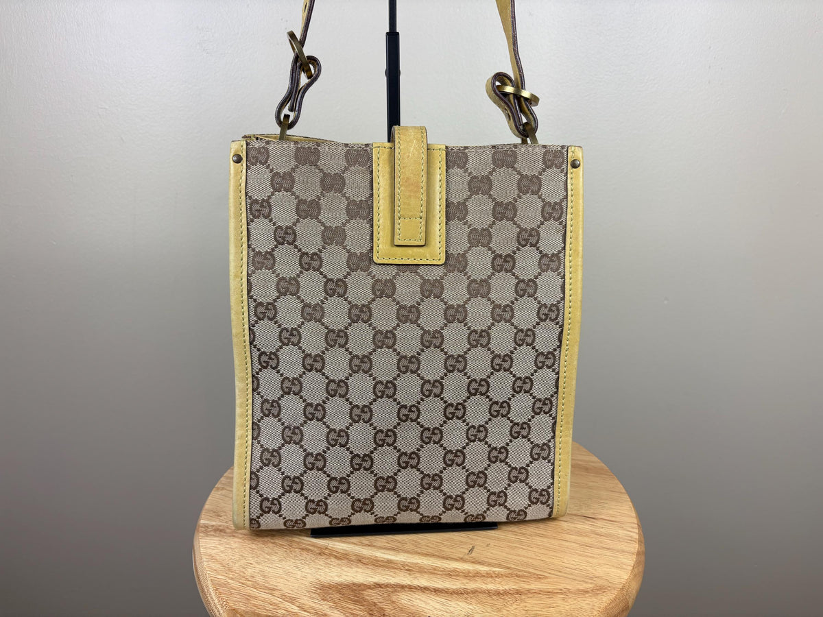Authentic Gucci GG Cloth and Yellow Leather Shoulder Tote