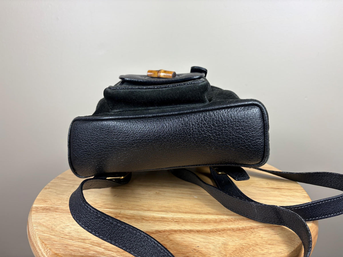 Authentic Gucci Black Suede Bamboo Handle Backpack